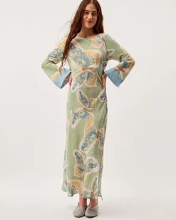 Clemence Aurelie Butterfly Long Sleeve Maxi Dress Green