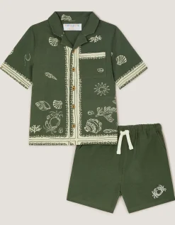 Crab Print Shirt & Shorts Set Green