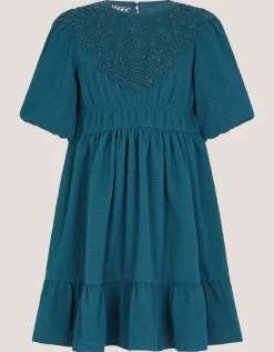 Crochet Yoke Tiered Dress Blue