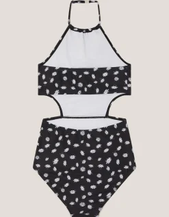 Daisy Cut-Out Halter Swimsuit Black