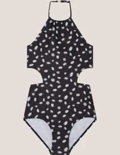 Daisy Cut-Out Halter Swimsuit Black