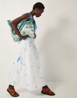 Daisy Embroidered Floral Midi Skirt White