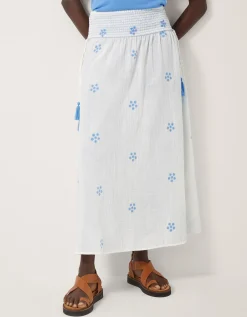 Daisy Embroidered Floral Midi Skirt White