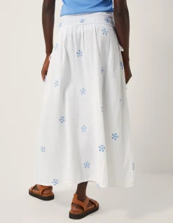 Daisy Embroidered Floral Midi Skirt White