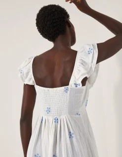 Daisy Frill Embroidered Midi Dress White
