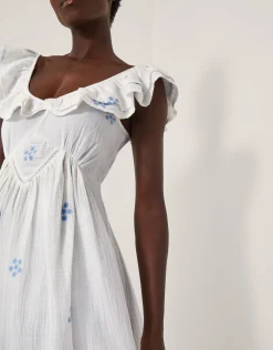 Daisy Frill Embroidered Midi Dress White