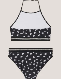 Daisy Print Halter Bikini Set Black