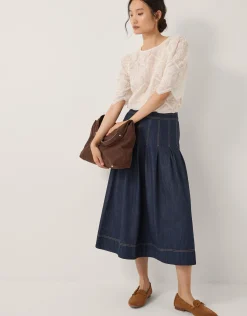 Darcie Pleated Denim Midi Skirt Blue