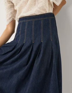 Darcie Pleated Denim Midi Skirt Blue