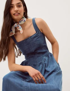 Delia Square Neck Denim Midi Dress Blue