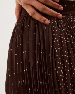 Demi Polka Dot Pleated Midi Skirt Brown