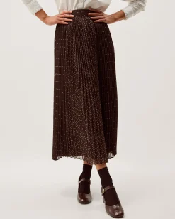 Demi Polka Dot Pleated Midi Skirt Brown