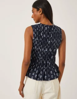 Deniz Sleeveless Smocked Floral Top Blue