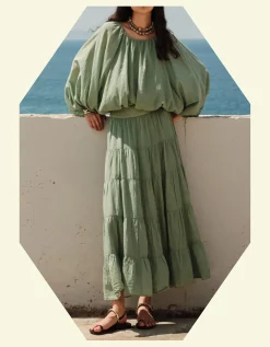 Devotion Twins Sage Tiered Midi Skirt Green
