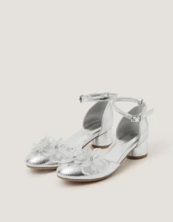 Diamanté Flower Block Heels Silver