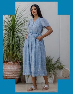 Dilli Grey Fifi Floral Print Shimmer Midi Dress Blue