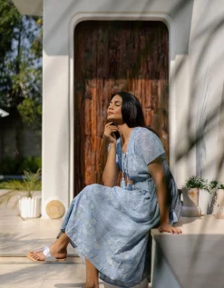 Dilli Grey Fifi Floral Print Shimmer Midi Dress Blue