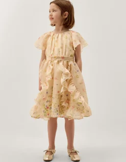 Ditsy Floral Ruffle Party Dress Yellow