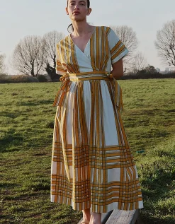 East Alana Hand-Woodblock Stripe Dress Yellow