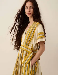 East Alana Hand-Woodblock Stripe Dress Yellow