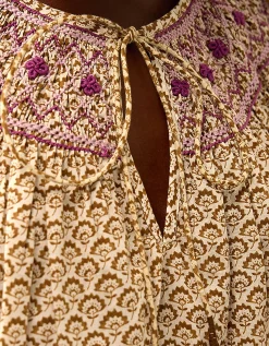 East Alina Floral Printed Smocking Top Brown