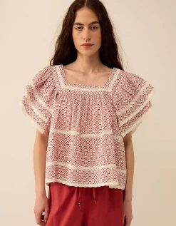 East Alina Printed Floral Lace Insert Top Pink