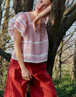East Alina Printed Floral Lace Insert Top Pink