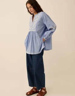 East Alva Hand-Chikankari Embroidered Top Blue