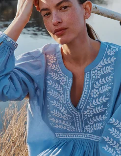 East Alva Hand-Chikankari Embroidered Top Blue