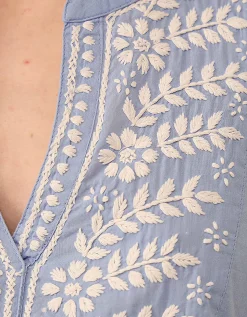 East Alva Hand-Chikankari Embroidered Top Blue