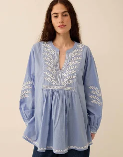 East Alva Hand-Chikankari Embroidered Top Blue