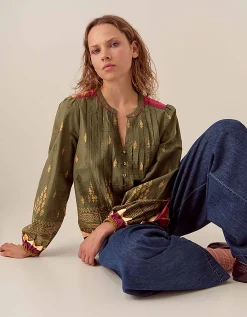 East Apate Printed Cotton Top Green