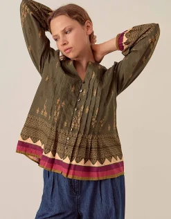 East Apate Printed Cotton Top Green