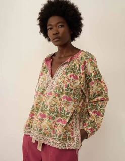 East Aurelie Hand-Woodblock Botanical Print Cotton Top Multi