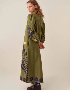 East Bella Embroidered Cotton Twill Dress Green