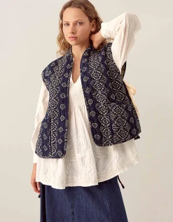 East Celine Printed Textured Cotton Gilet Blue