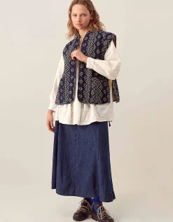 East Celine Printed Textured Cotton Gilet Blue