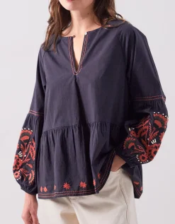 East Cerza Embroidered Top Grey