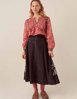 East Cora Floral Embroidered Cotton Twill Skirt Blue