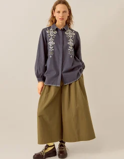 East Cora Floral Embroidered Cotton Shirt Blue