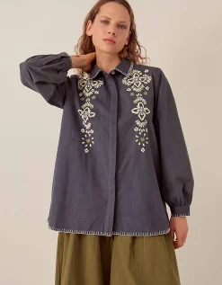 East Cora Floral Embroidered Cotton Shirt Blue