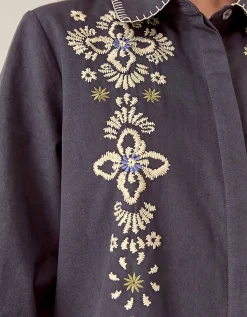 East Cora Floral Embroidered Cotton Shirt Blue