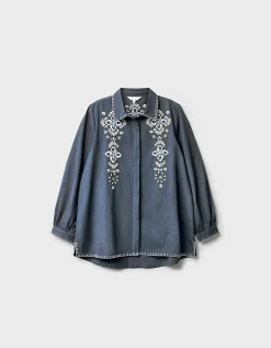 East Cora Floral Embroidered Cotton Shirt Blue