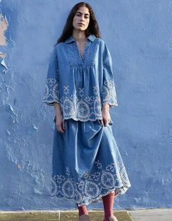 East Coralie Denim Broderie Shirt Blue