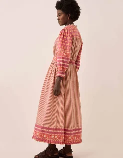 East Devyn Hand Woodblock Cotton Dress Pink