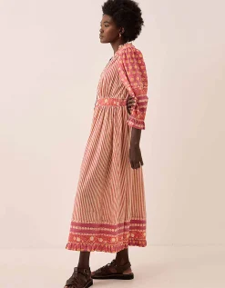 East Devyn Hand Woodblock Cotton Dress Pink