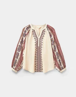 East Gabriette Geometric Print Embroidered Top Ivory