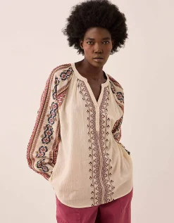 East Gabriette Geometric Print Embroidered Top Ivory