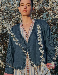 East Juna Denim Botanical Embroidered Jacket Blue