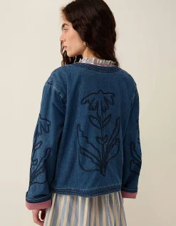 East Juna Denim Botanical Embroidered Jacket Blue